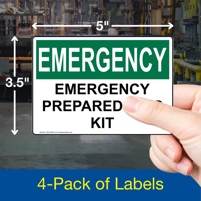ComplianceSigns.com EMERGENCY Emergency Preparedness Kit OSHA Label Decal, 5x3.5 inch 4-Pack Vinyl - Image 2